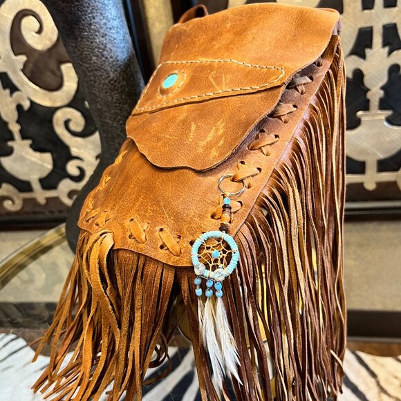 Western leather fringe turquoise stone flap crossbody - Picture 5 of 7
